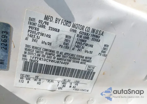 1998 Ford Ranger Splash/Xl/Xlt из США, поврежденный, VIN 1FTYR10C9WUB76409